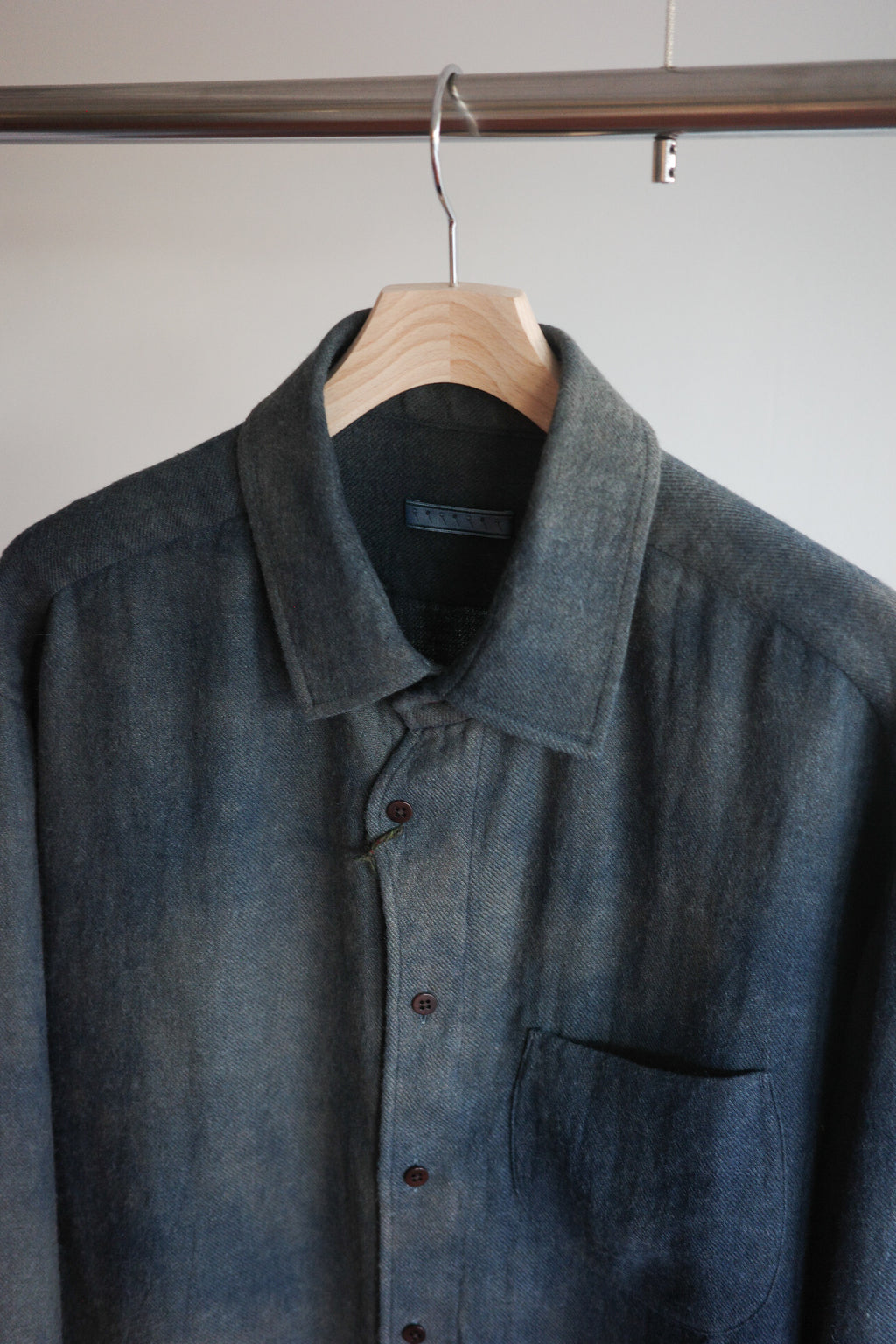 Gorsch Ryukyu Indigo Dyed Brushed Ramie Linen Wool Collar Wide Shirt