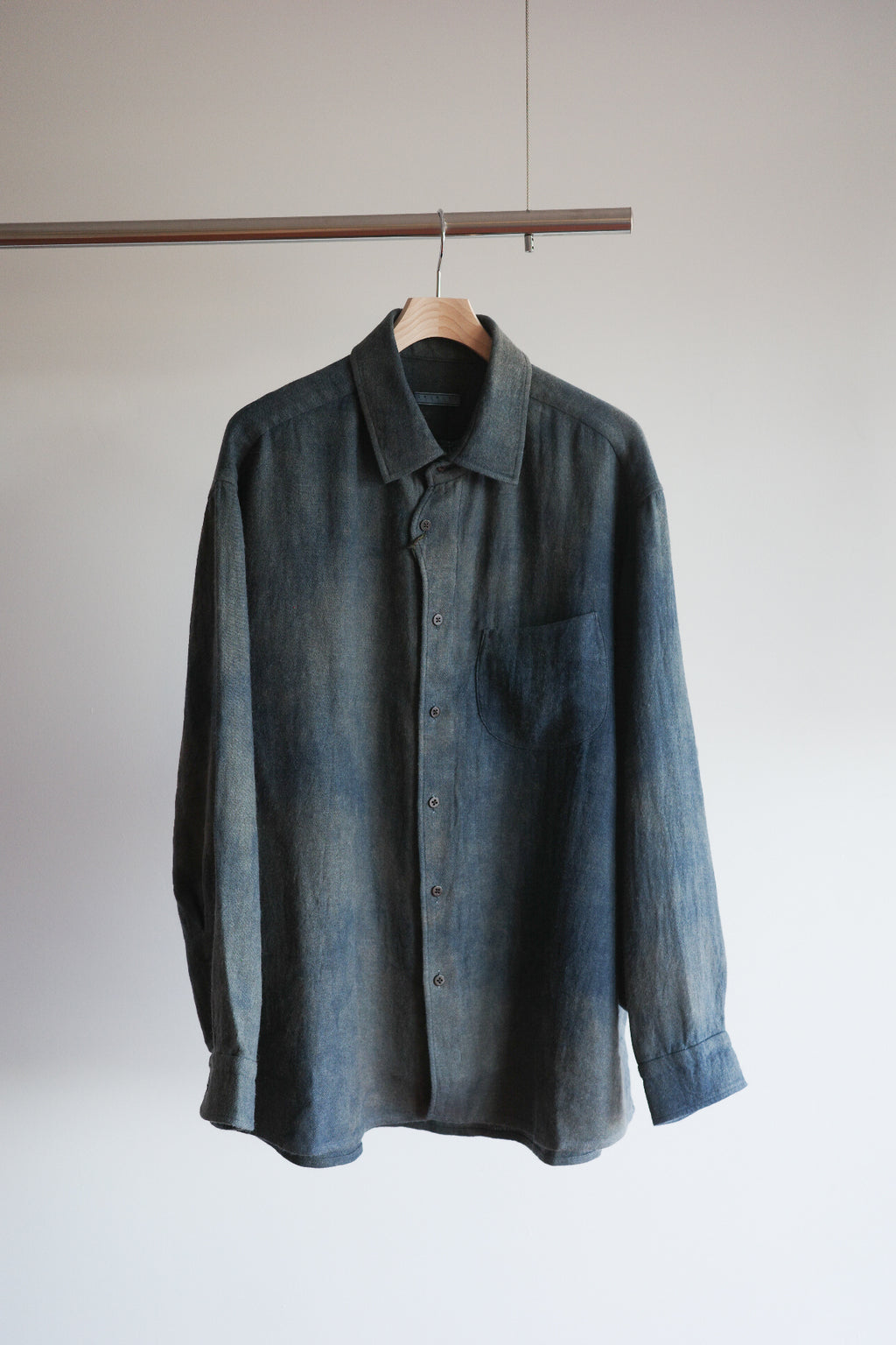 Gorsch Ryukyu Indigo Dyed Brushed Ramie Linen Wool Collar Wide Shirt